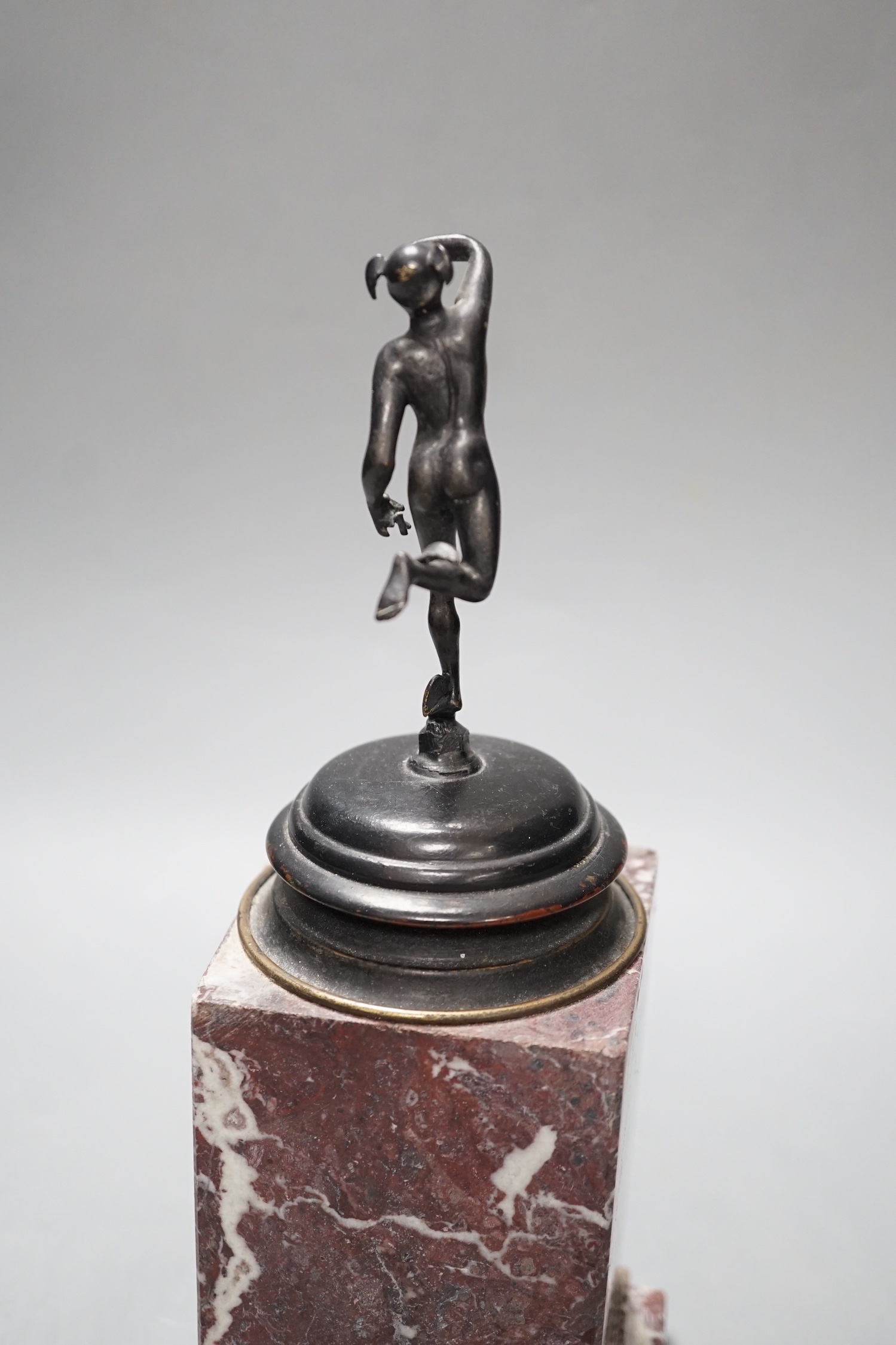 A 19th century bronze figure of Hermes on a marble pedestal, 26cm